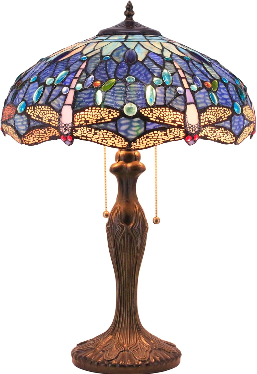 WERFACTORY Tiffany Lamp Blue Stained Glass Dragonfly Style Bedside Table Lamp 16X16X24 Inch Desk Reading Light Metal Base Decor Bedroom Living Room Home Office S631 Series