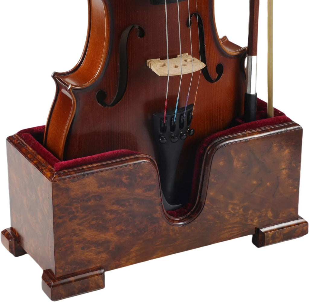 Violin and Bow Holder (Stand), Wooden Violin Holder Floor Display with Velvet Protection, Stable and Classy Aesthetic (Burl Wood + Red Velvet)