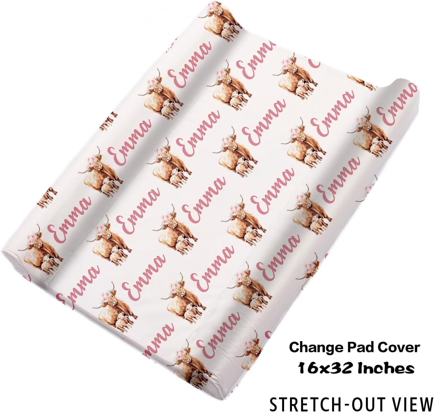 Personalized Baby Crib Bedding Set for Baby Girls, Pink Highland Cow Pattern Custom Name Baby Crib Sets 5-Pcs, Toddler Double Layer Blanket Fitted Sheets Changing Pad Cover Rug Wall Art Set