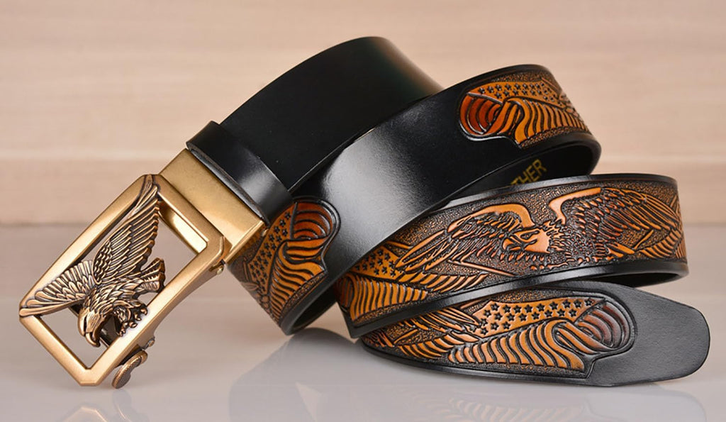 Mens Ratchet Leather Belt, Genuine Leather belts, Engraved Vintage Dragon Eagle Tiger Buckle, Business leisure belt