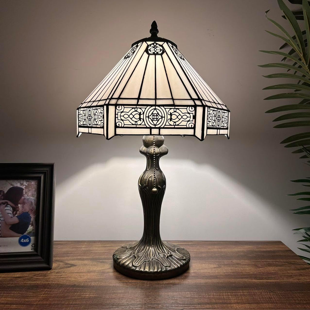 Tiffany Table Lamp White Stained Glass Hexagon LED Bulb Included for Living Room Bedroom Bedside 12'W*12' D*19' H