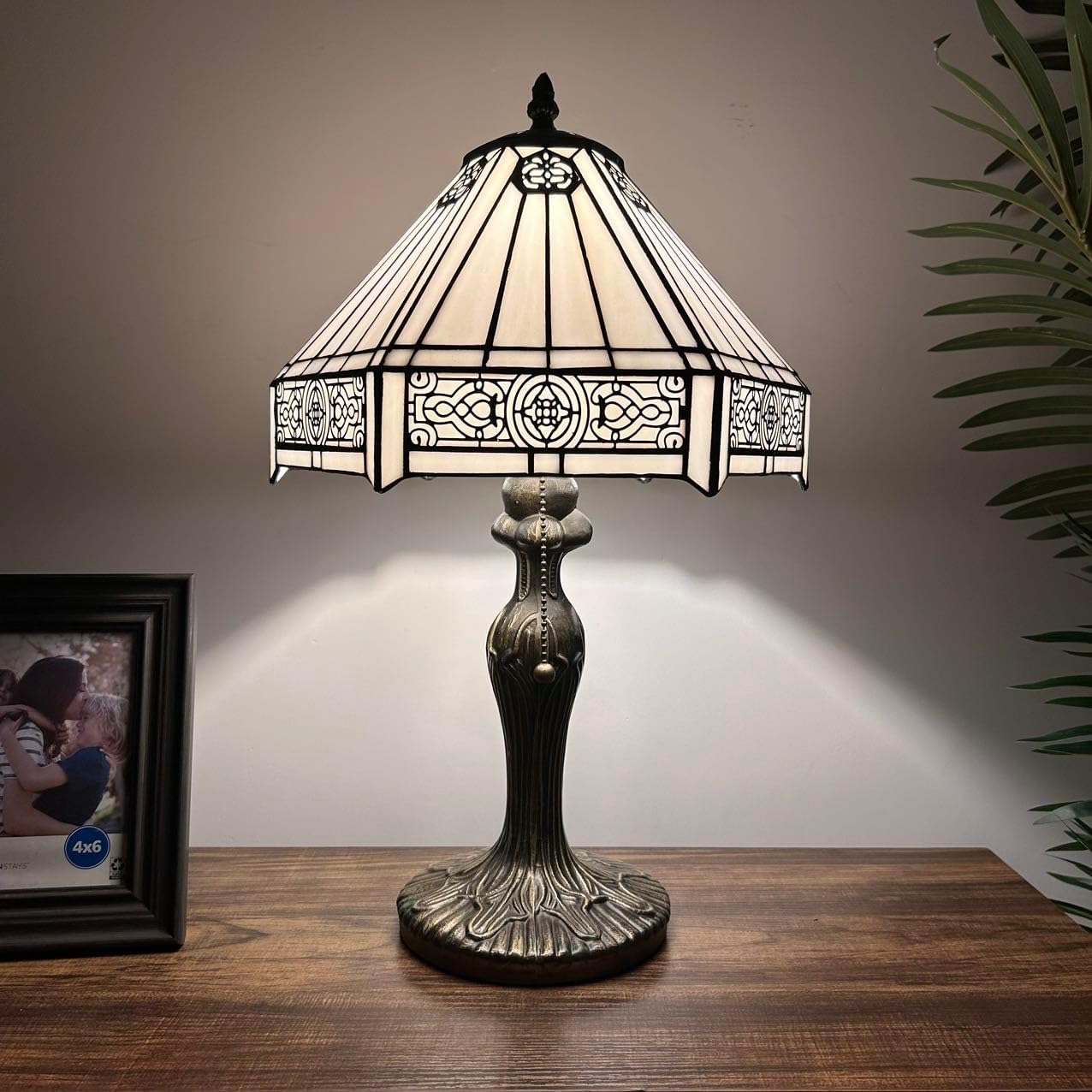 Tiffany Table Lamp White Stained Glass Hexagon LED Bulb Included for Living Room Bedroom Bedside 12'W*12' D*19' H