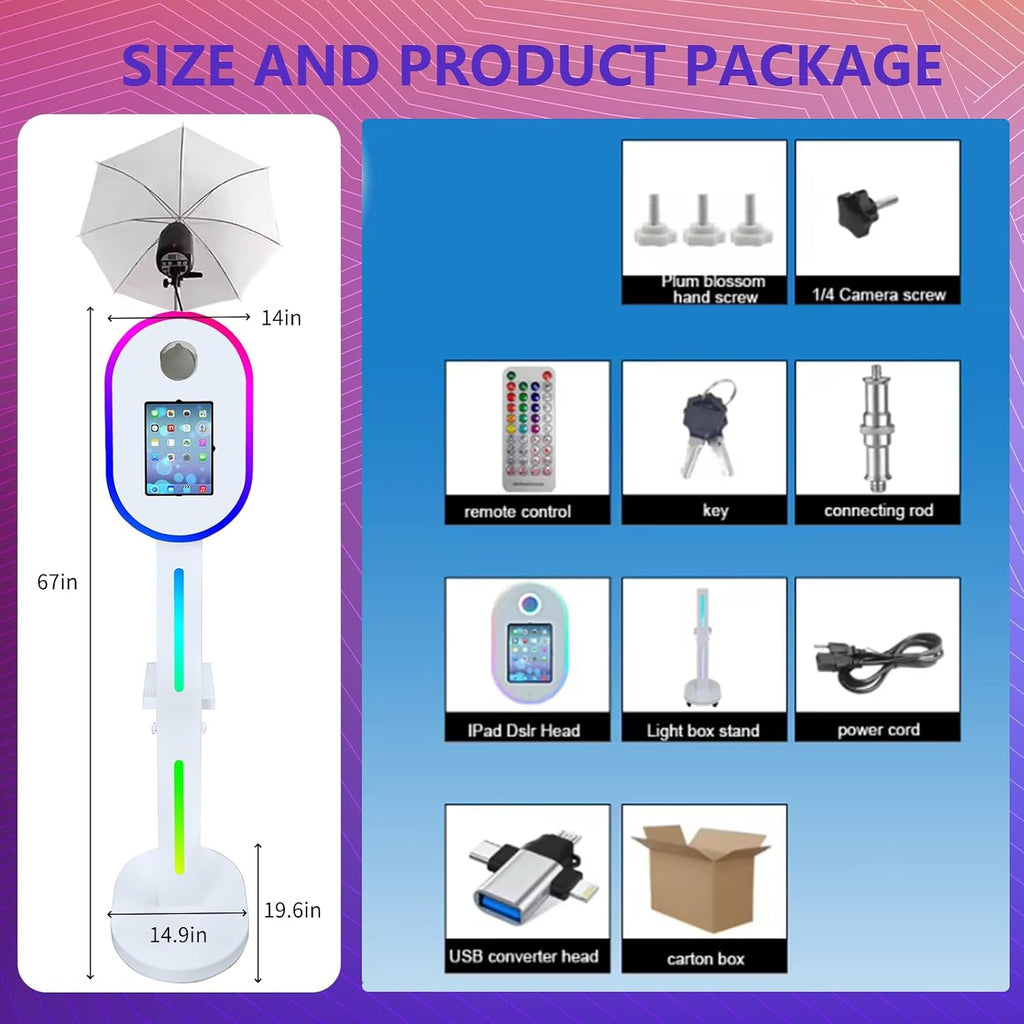 Portable Photo Booth with Flashlight Compatible with ipad,Remote or APP Control,Music Sync,Supports Connection of Camera and Printer (White, Machine+Camera)