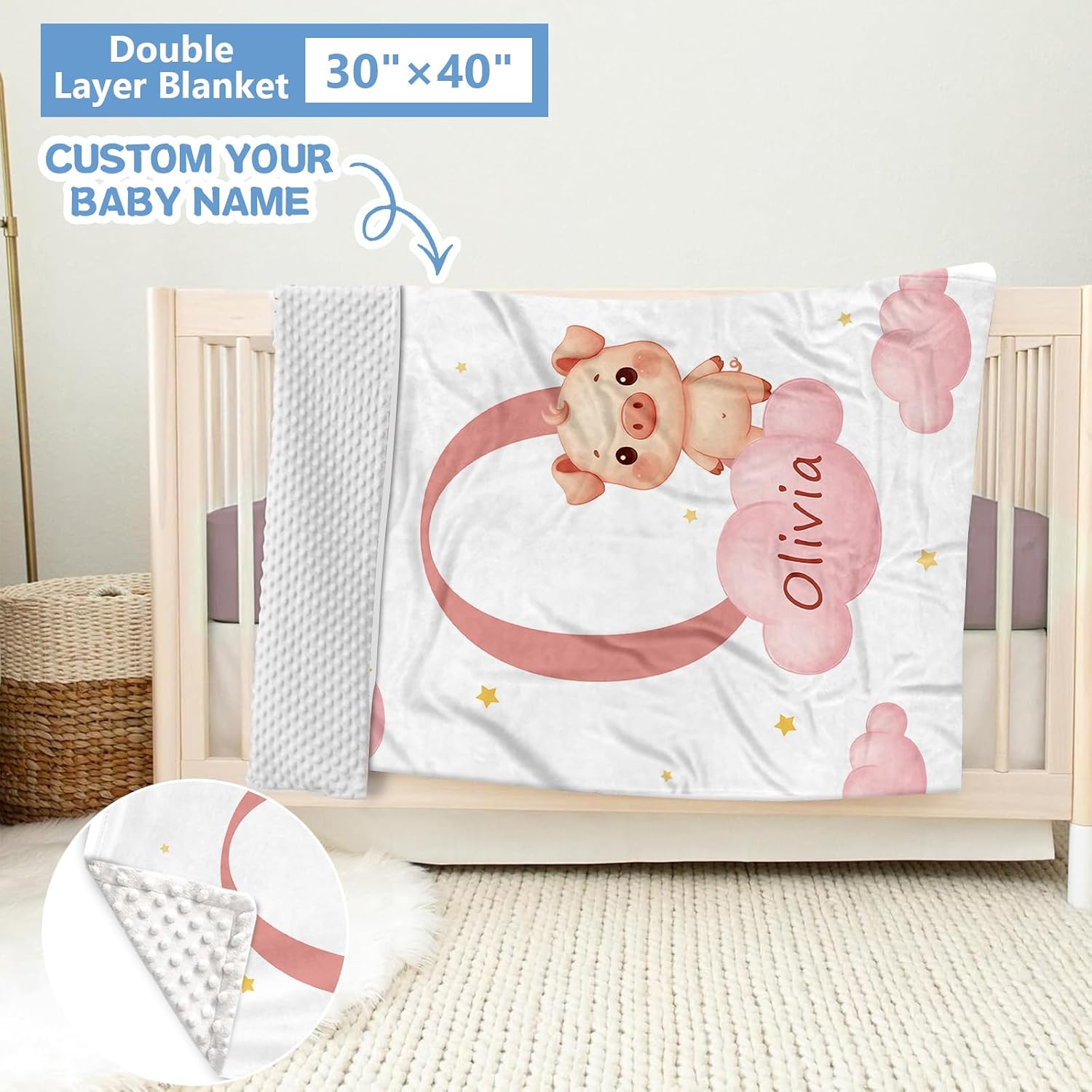KAINSY Custom Crib Bedding Set, 5 Pcs Personalized Name Monogram Baby Crib Sets for Infants Toddlers, Pink Pig Nursery Bedding Set for Boys Girls, Double Layer Baby Bedding Sets Customized Gifts