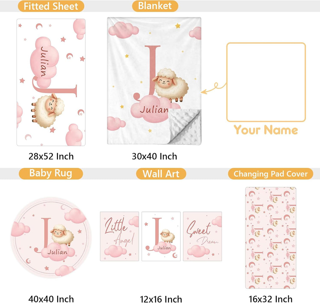 Terwex 5 Piece Customized Crib Bedding Set for Baby Girls - Custom Name Baby Crib Pink Sheep Nursery Bedding Set with Soft Blanket, Fitted Sheet, Rug, Personalized Gifts for Toddler, Newborn, Infant