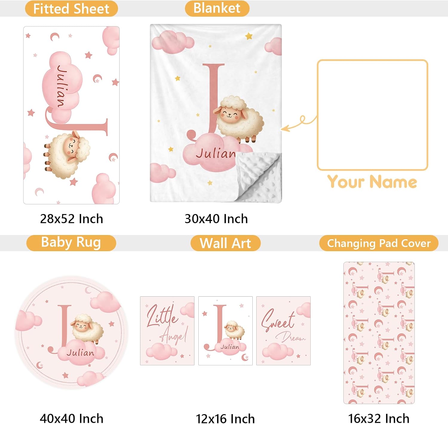 Terwex 5 Piece Customized Crib Bedding Set for Baby Girls - Custom Name Baby Crib Pink Sheep Nursery Bedding Set with Soft Blanket, Fitted Sheet, Rug, Personalized Gifts for Toddler, Newborn, Infant
