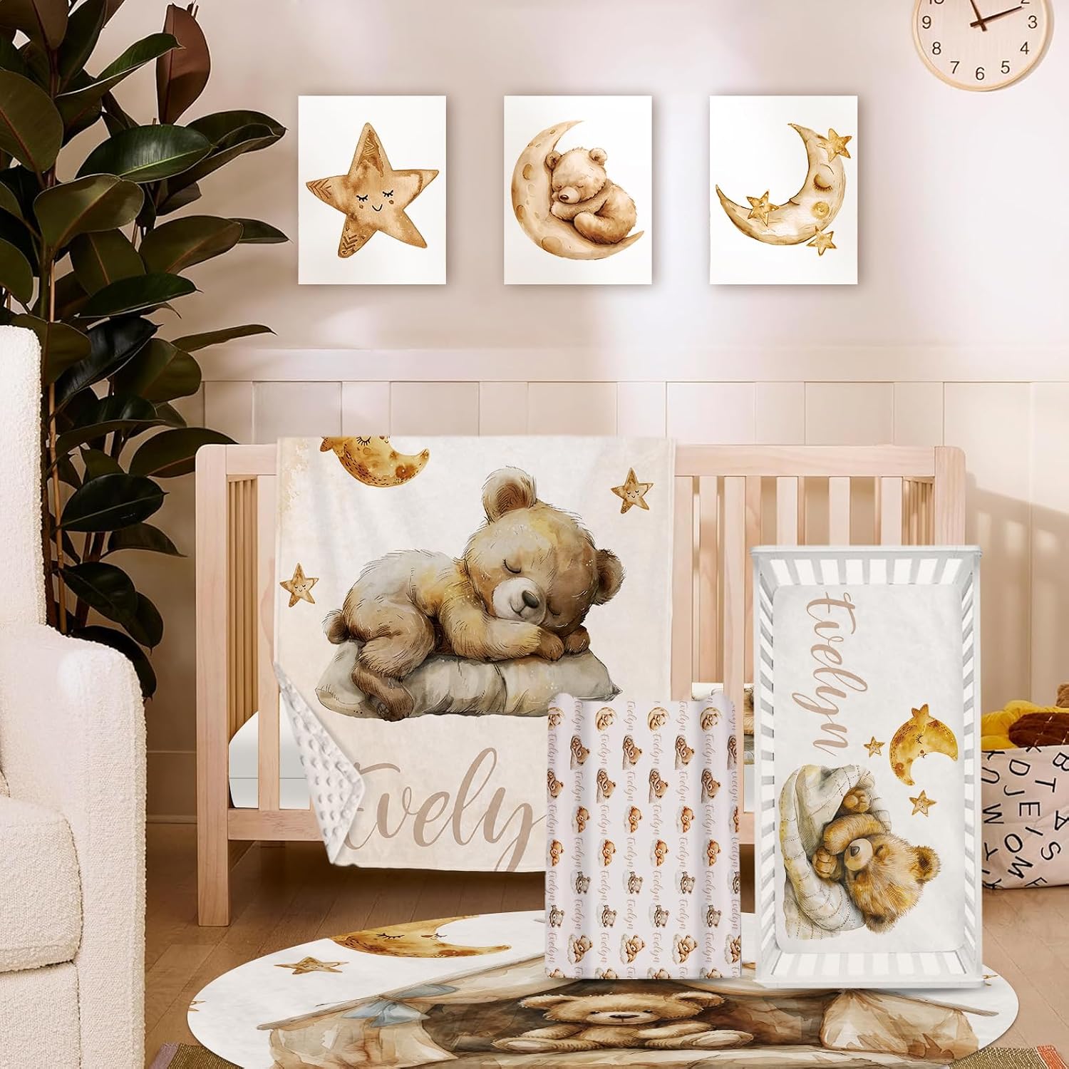 Personalized Crib Bedding Set for Baby Boys Girls, Custom Name Baby Crib Sets 5-Pcs Include Toddler Double Layer Blanket Fitted Sheet Changing Pad Cover Rug Wall Art Set, Bear Theme Nursery Décor