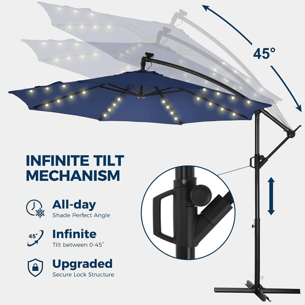 HOMSHADE 10ft Solar Lights Offset Cantilever Patio Umbrella - with Light and Base, LED Lighted Offset Hanging Patio Outdoor Market Umbrella UPF50+ UV Protection with Easy Tilt and Crank (Navy Blue)