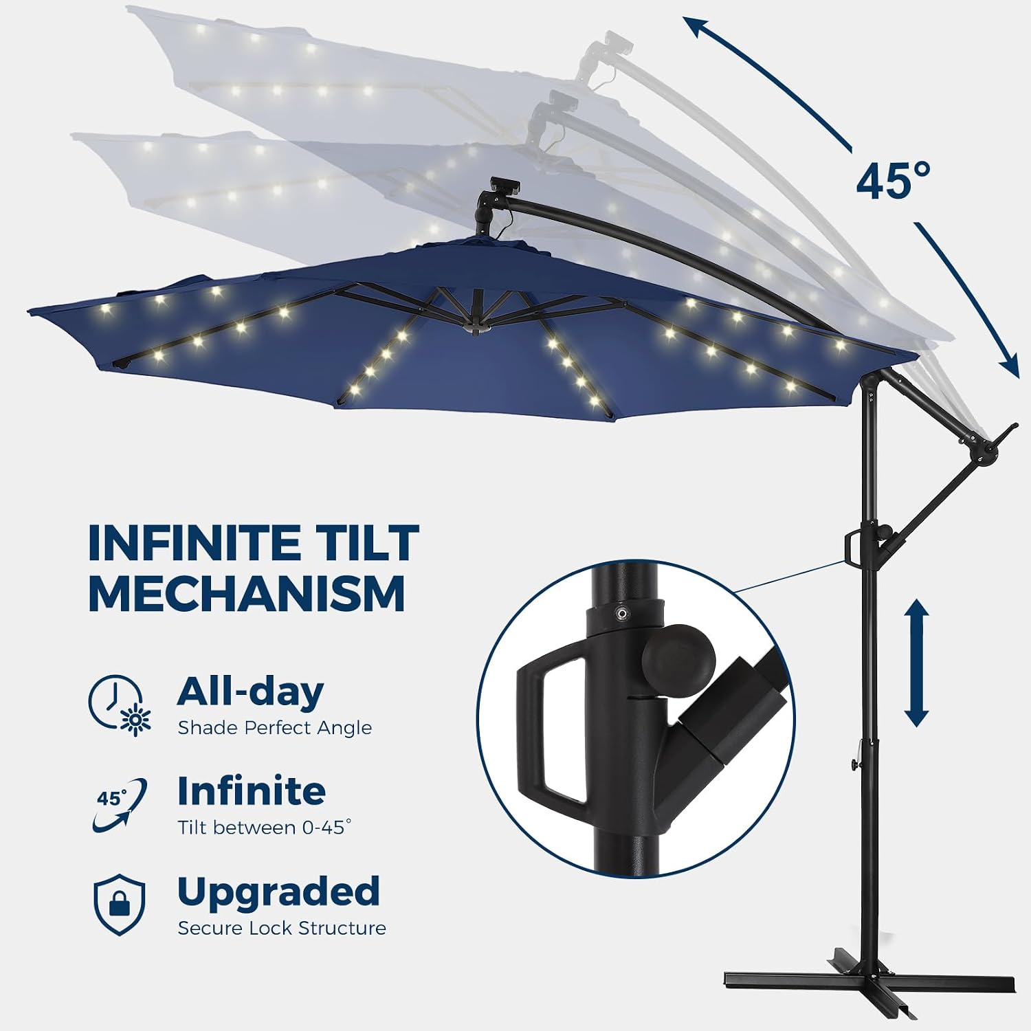 HOMSHADE 10ft Solar Lights Offset Cantilever Patio Umbrella - with Light and Base, LED Lighted Offset Hanging Patio Outdoor Market Umbrella UPF50+ UV Protection with Easy Tilt and Crank (Navy Blue)