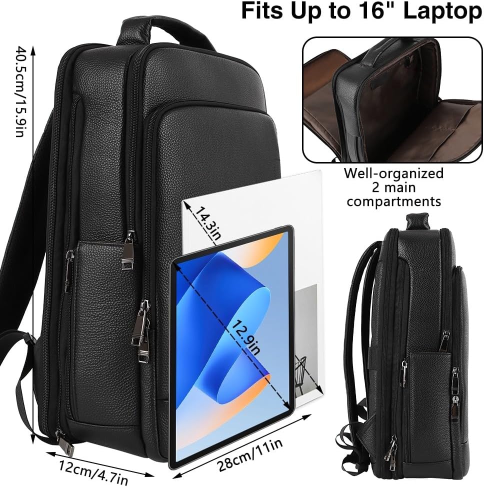 Full Grain Genuine Leather Backpack for Men Multi-Functional 15.6' Laptop Backpack with USB Charging, Black Convertible Business Travel Backpack Work Rucksack Daypack