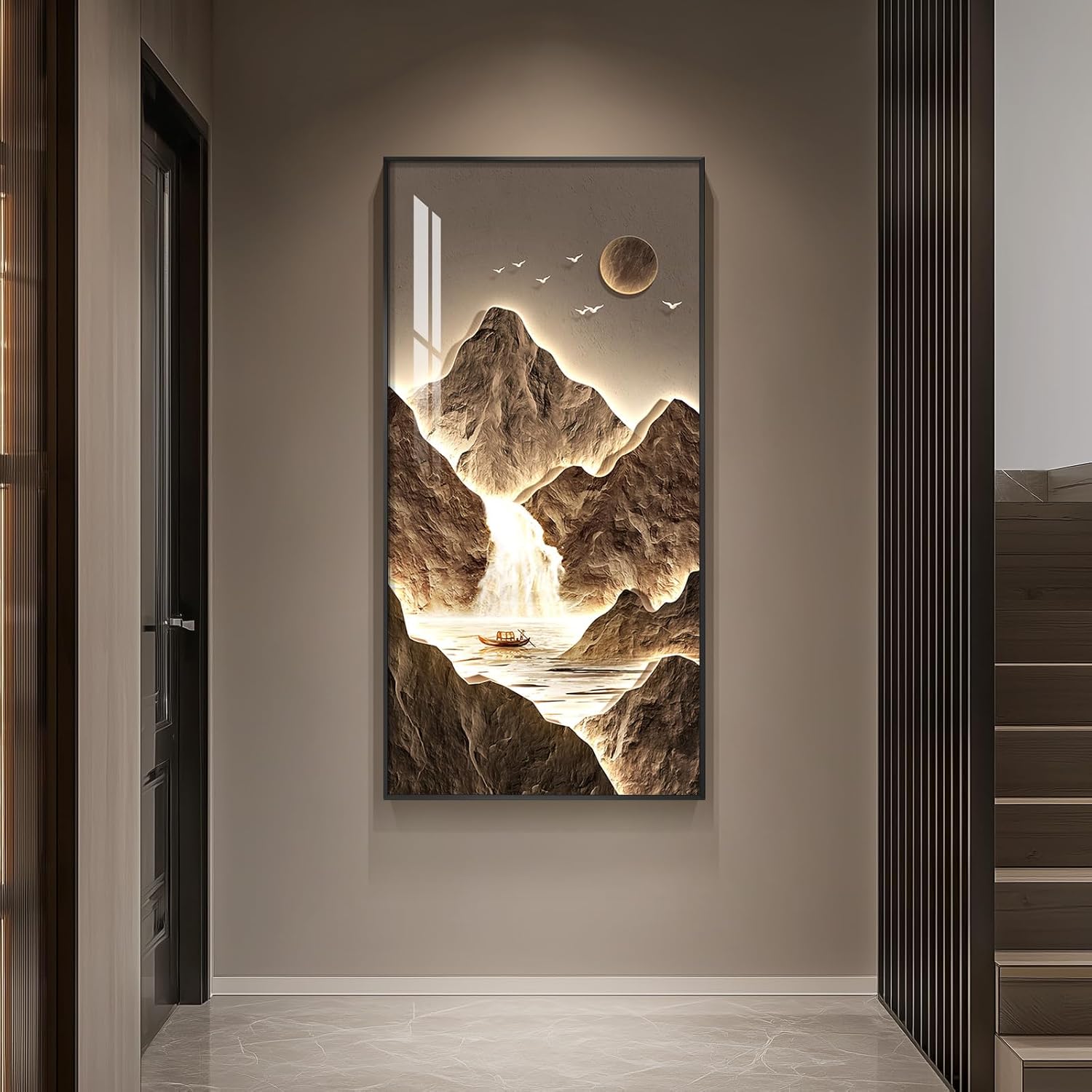 Framed Large Modern Mountain Wall Art for Living Room, Vertical Gold Bright Style Artwork for Walls, Luxury Landscape Scenery Painting Print for Entryway Hallway Stair Home Office Wall Decor, 30x60 In
