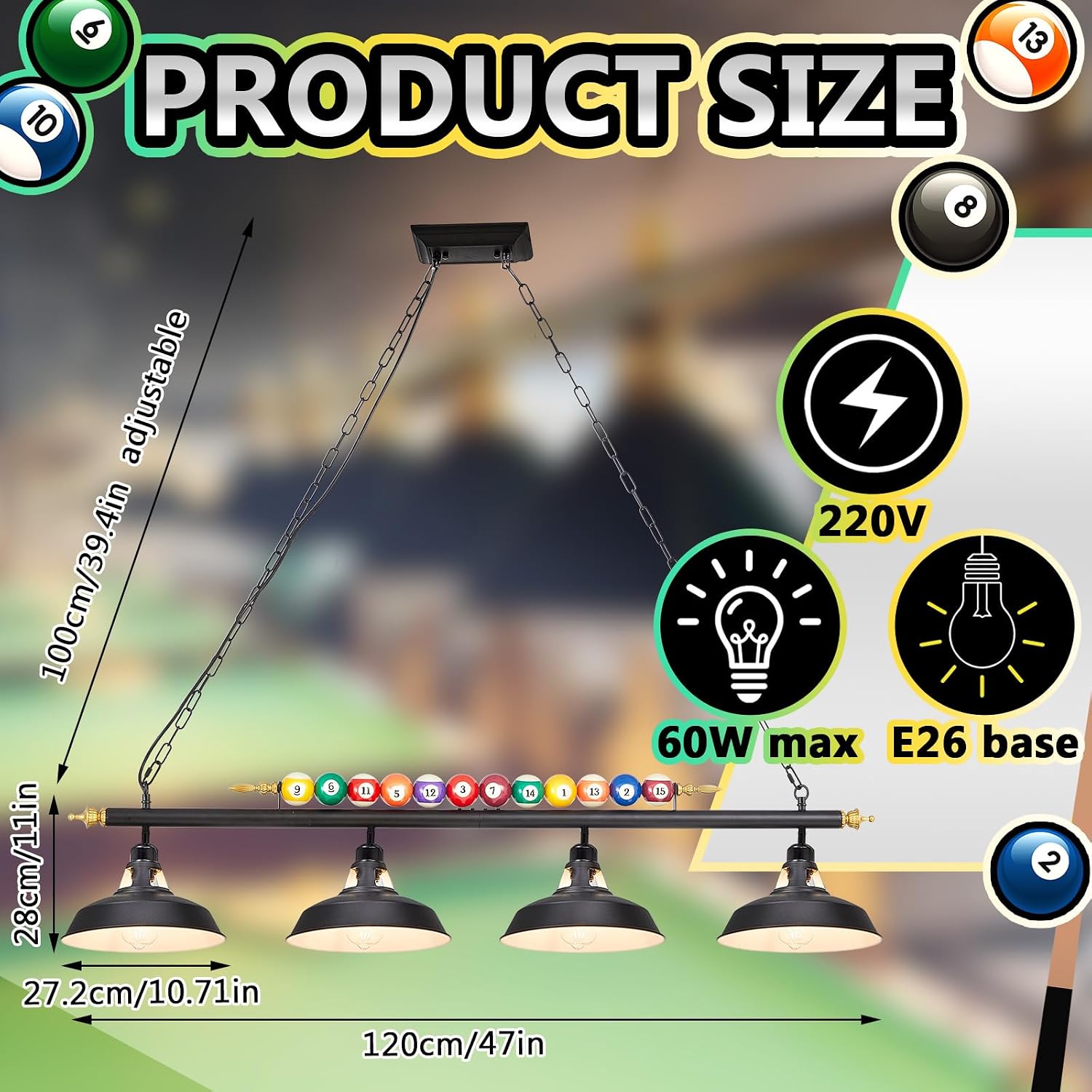 Rossesay Adjustable Pool Table Lights for 7'-8' Billiard Light Hanging Pool Table Fixture Lighting Pendant Lamp with Metal Shades for Game Rooms (Bulb Not Included)(Black,4 Lights)