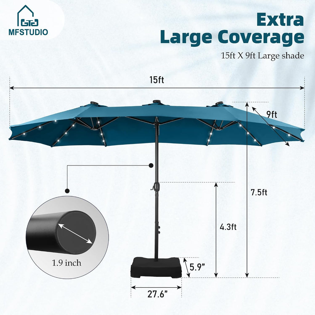 MFSTUDIO 15ft Double Sided Patio Umbrella with Solar Lights, Outdoor Large Umbrellas with Crank Handle and 36 LED Lights, Rectangular Market Umbrella with Base Included for Deck Pool Shade, Cerulean