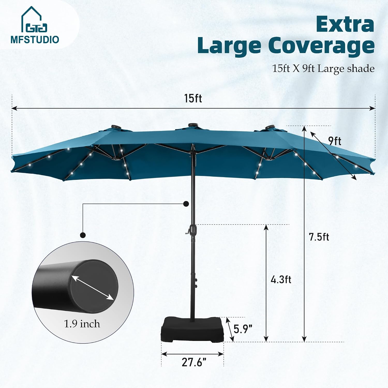 MFSTUDIO 15ft Double Sided Patio Umbrella with Solar Lights, Outdoor Large Umbrellas with Crank Handle and 36 LED Lights, Rectangular Market Umbrella with Base Included for Deck Pool Shade, Cerulean