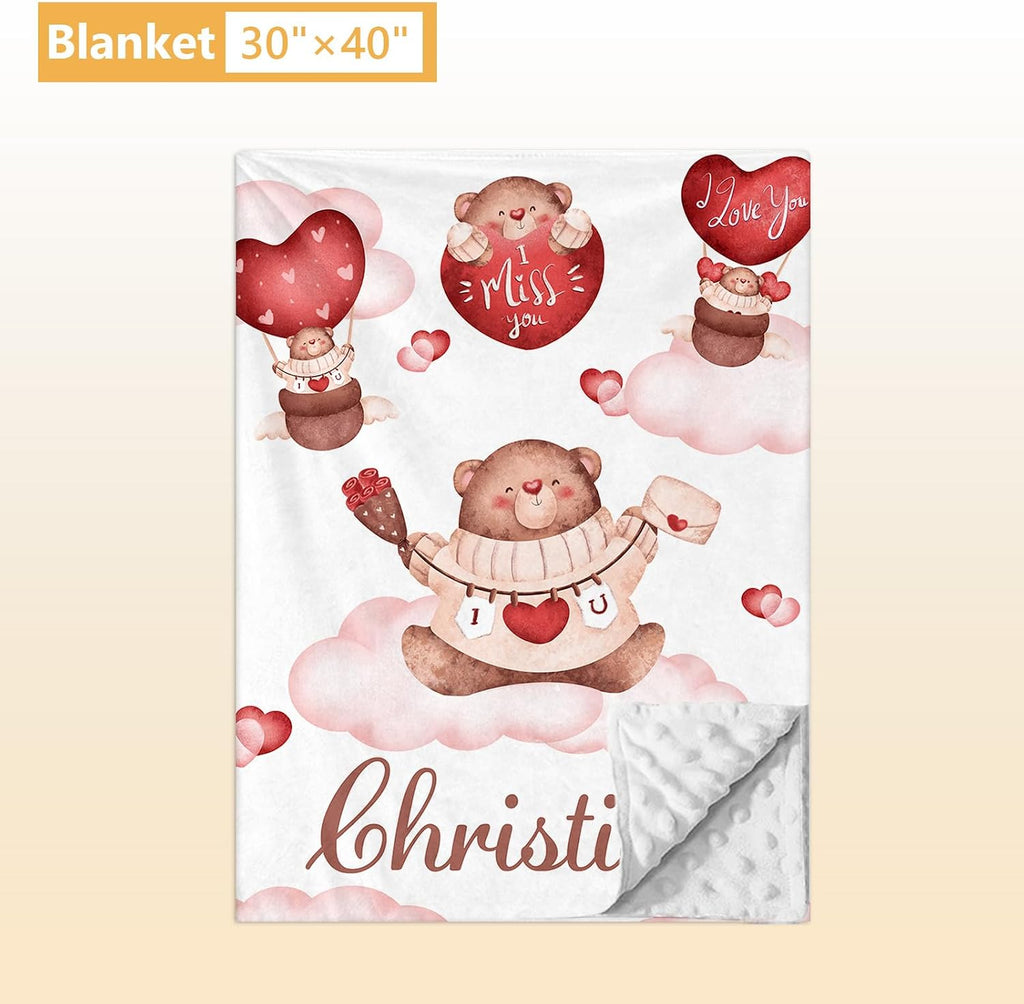 Terwex Custom Crib Bedding Set, 5 Pcs Personalized Name Nursery Bedding Set with Double Layer Flannel Blanket, Heart & Bear Baby Crib Set for Girls Boys, Customized Gifts for Infants Babies Toddlers