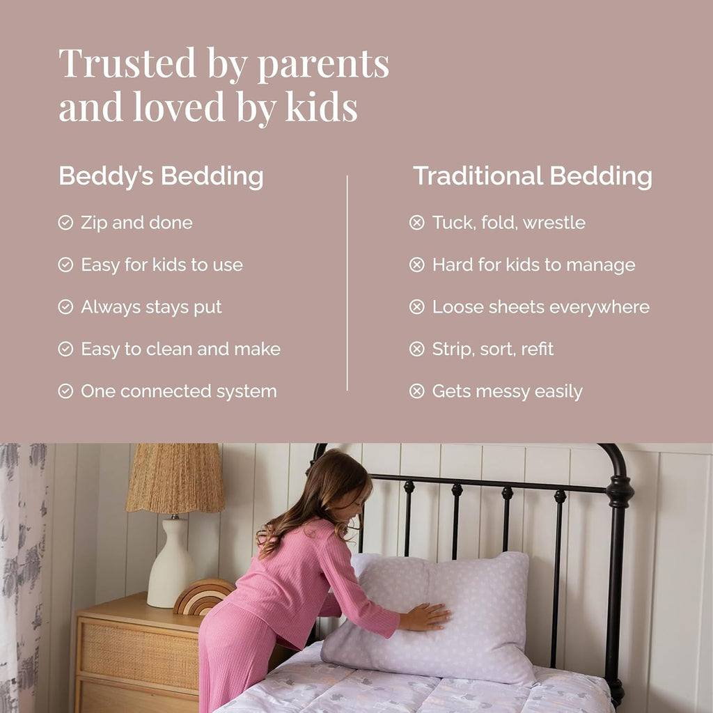 Beddy's Fairytale Unicorn Durable Zipper Bedding for Kids - Bed in a Bag - Purple Sheets & Comforter with Unicorns - Includes Pillowcase and Sham - Easy to Make & Wash - Twin