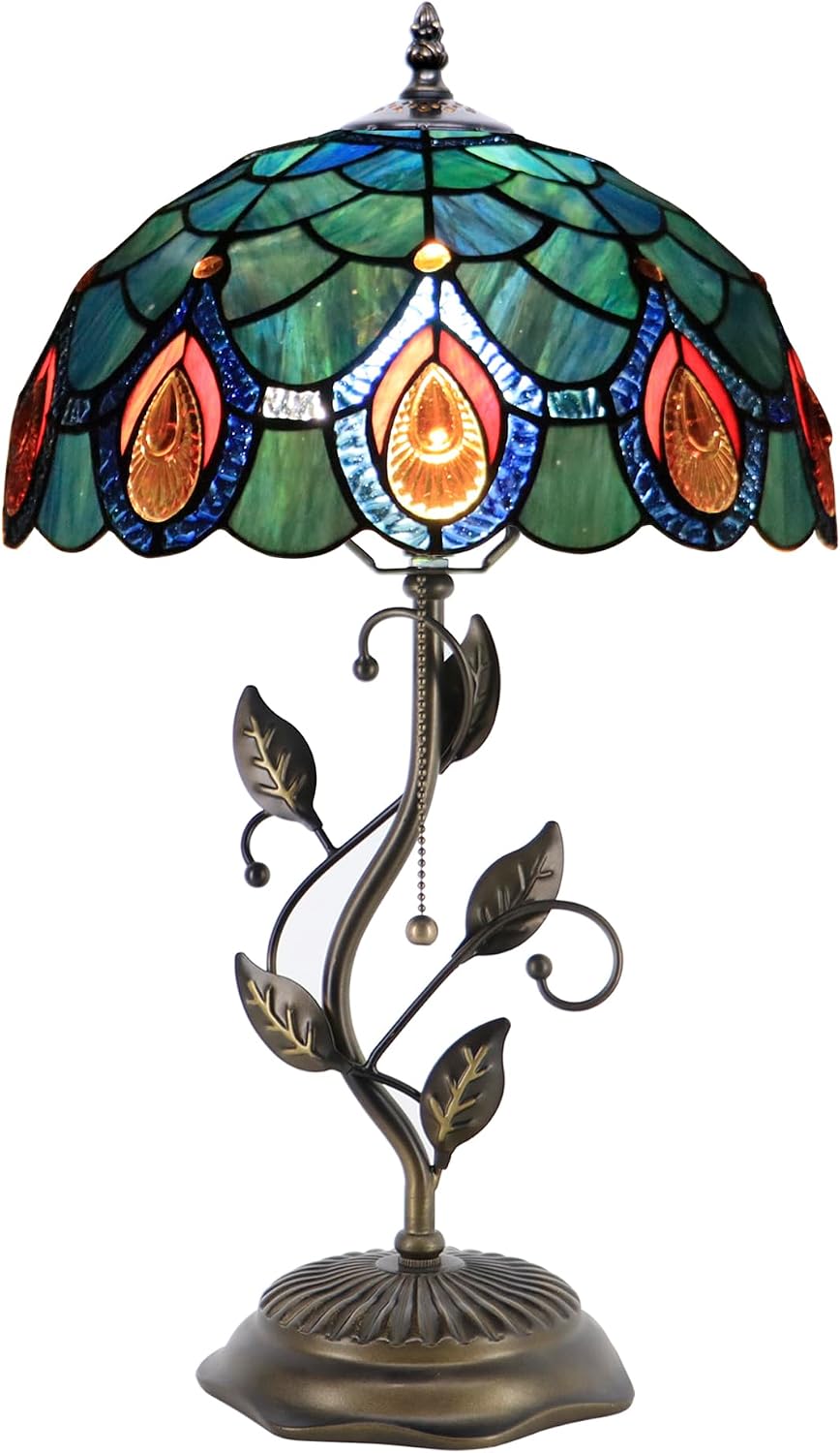 Tiffany Table Lamp, Stained Glass Style Desk Lamp, 12X12X19 Inch,Bedside Reading Light, Metal Leaf Base（Brown Crystal Style