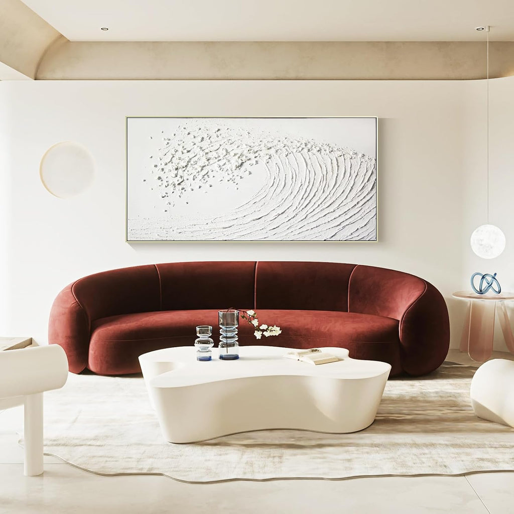 White Hand Painted Oil Painting Wall Art - Large Framed Ocean Waves 3D Textured Home Decor 48x24 Horizontal Canvas Minimalist Artwork Decoration for Living Room Bedroom