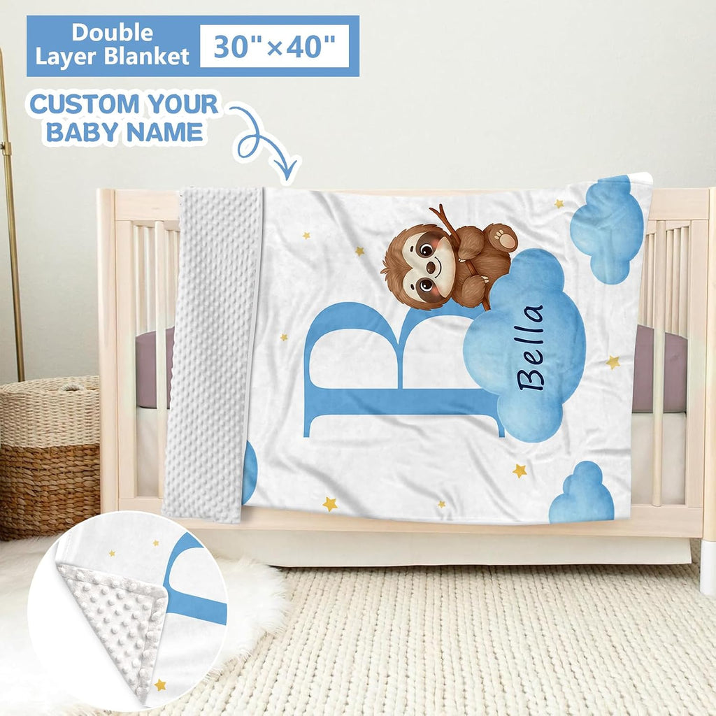 KAINSY Custom Crib Bedding Set, 5 Pcs Personalized Name Monogram Baby Crib Sets for Infants Toddlers, Blue Sloth Nursery Bedding Set for Boys Girls, Double Layer Baby Bedding Sets Customized Gifts