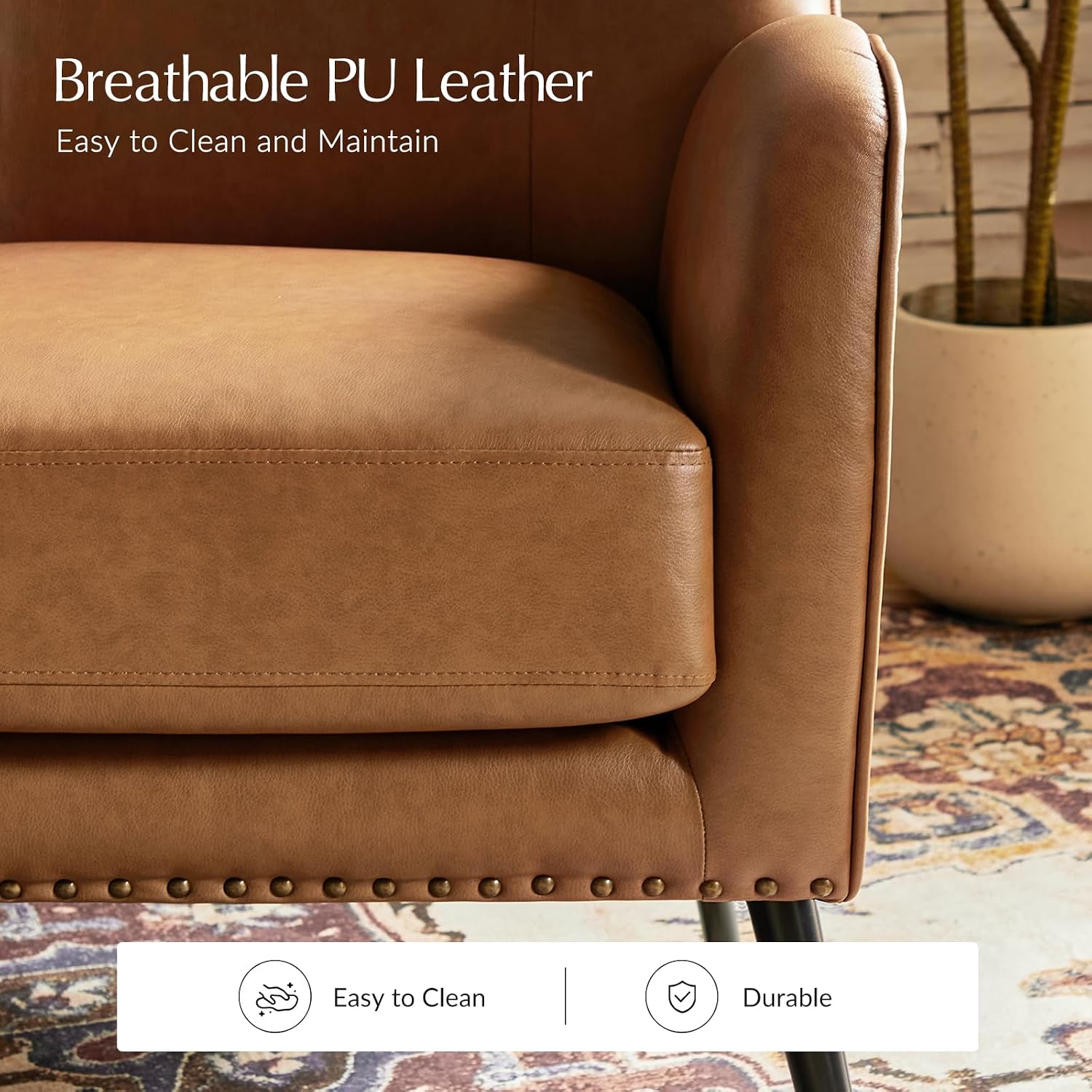 HULALA HOME Faux Leather Accent Chair Set of 2 with Removable Cushion, Comfy Upholstered Armchair with Metal Legs & Nailhead Trim Wingback Vanity Chair for Reading Living Room Bedroom, Camel