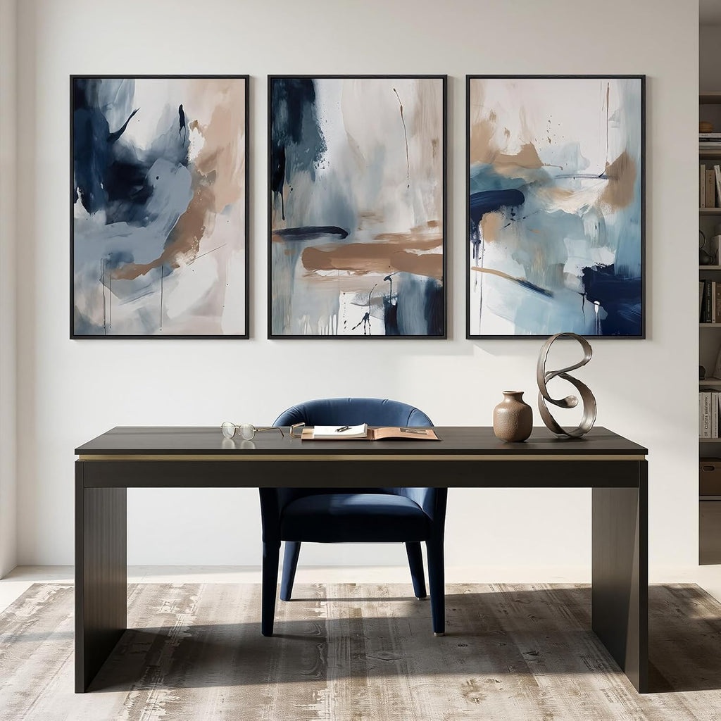 Large Framed Blue and Neutral Abstract Wall Art for Living Room, 3 Piece Modern Canvas Prints Paintings Artwork for Walls, Minimalist Pictures for Bedroom Dining Room Hallway Wall Decor 24x36 Inch