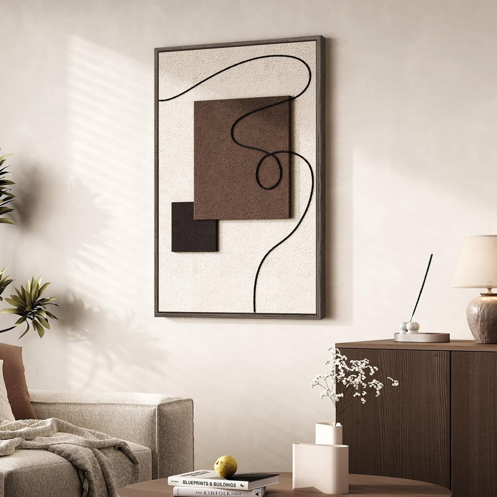 3D Textured Framed Neutral Abstract Wall Art, Modern Beige and Brown Block and Rope Paintings Artwork for Walls, Minimalist Pictures for Living Room Dining Room Bedroom Entryway Wall Decor 24x36 In