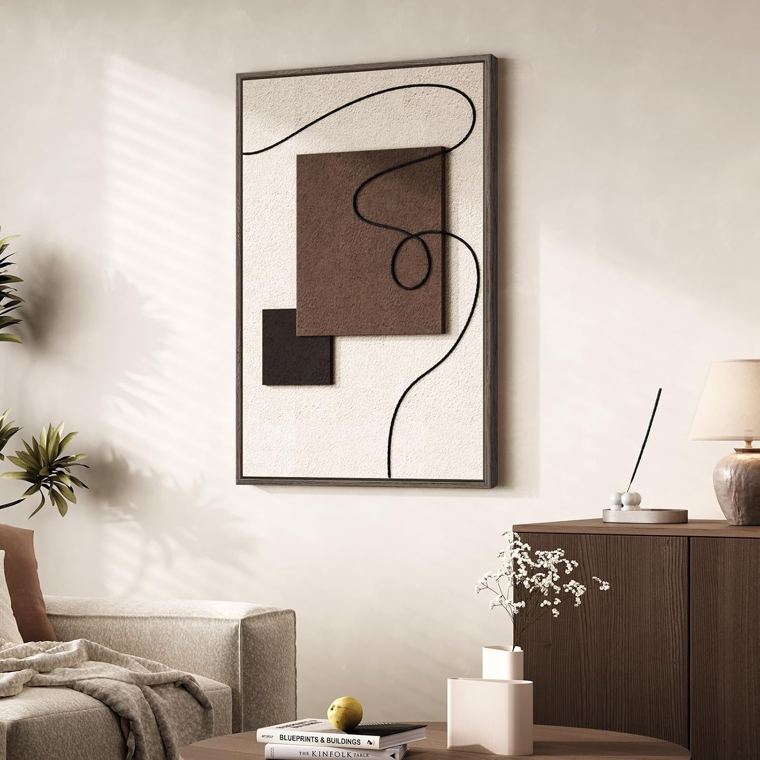 3D Textured Framed Neutral Abstract Wall Art, Modern Beige and Brown Block and Rope Paintings Artwork for Walls, Minimalist Pictures for Living Room Dining Room Bedroom Entryway Wall Decor 24x36 In