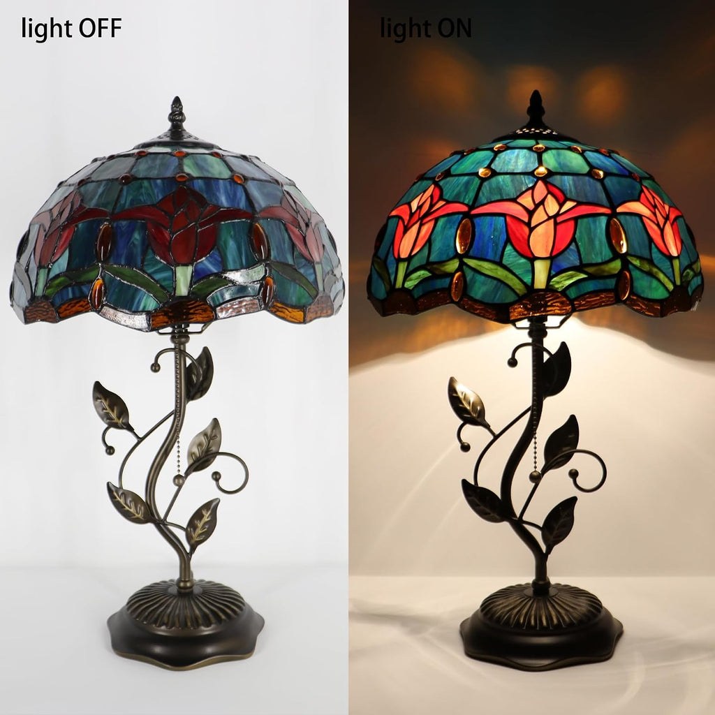Tiffany Table Lamp, Stained Glass Desk Light, W12H19 Inch, Metal Leaf Base (Tulip Style)