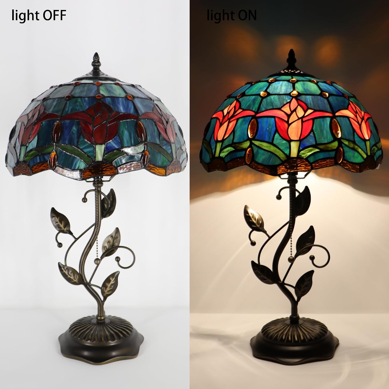 Tiffany Table Lamp, Stained Glass Desk Light, W12H19 Inch, Metal Leaf Base (Tulip Style)
