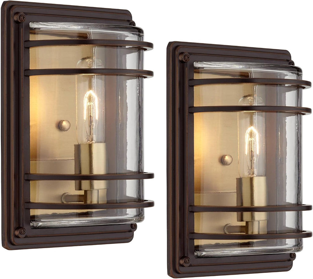 John Timberland Habitat Rustic Industrial Outdoor Wall Light Fixtures Set of 2 Bronze Warm Brass 11' Clear Glass for Post Exterior Barn Deck House Porch Yard Patio Outside Garage Front Door