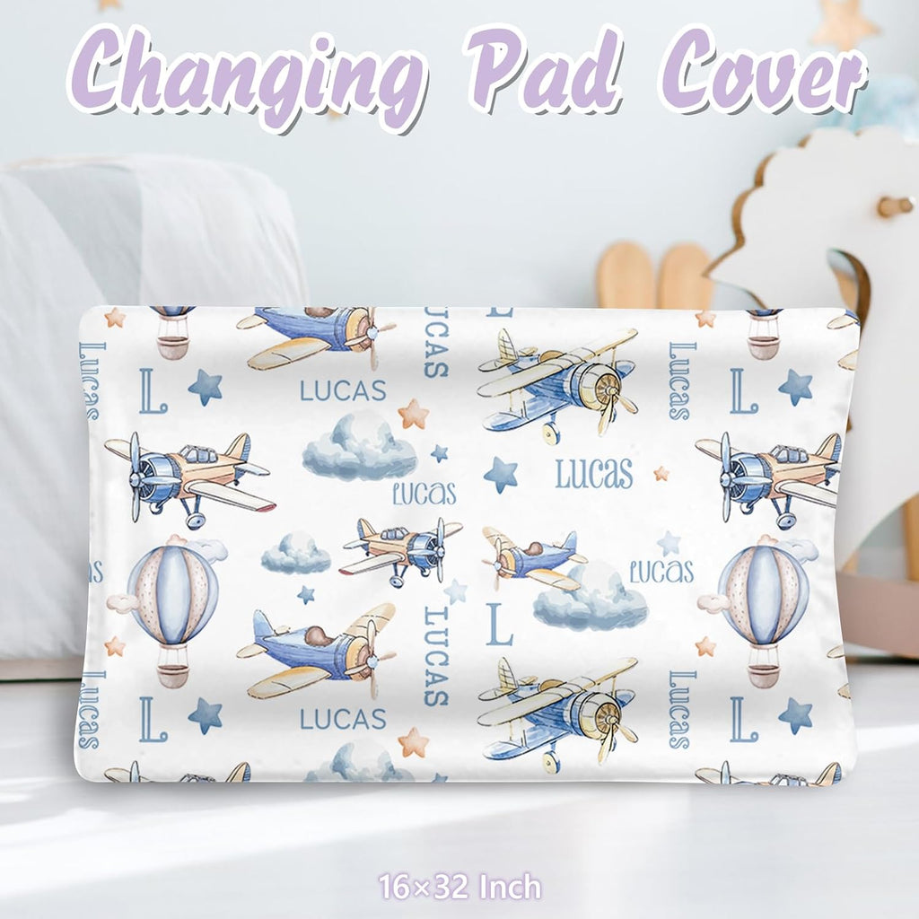 Personalized Baby Crib Bedding Set, 5 Pcs Custom Name Nursery Bedding Set for Girls Boys, Blue Plane Baby Crib Set for Toddlers Infants, Double Layer Bedding Crib Sets Customized Gifts