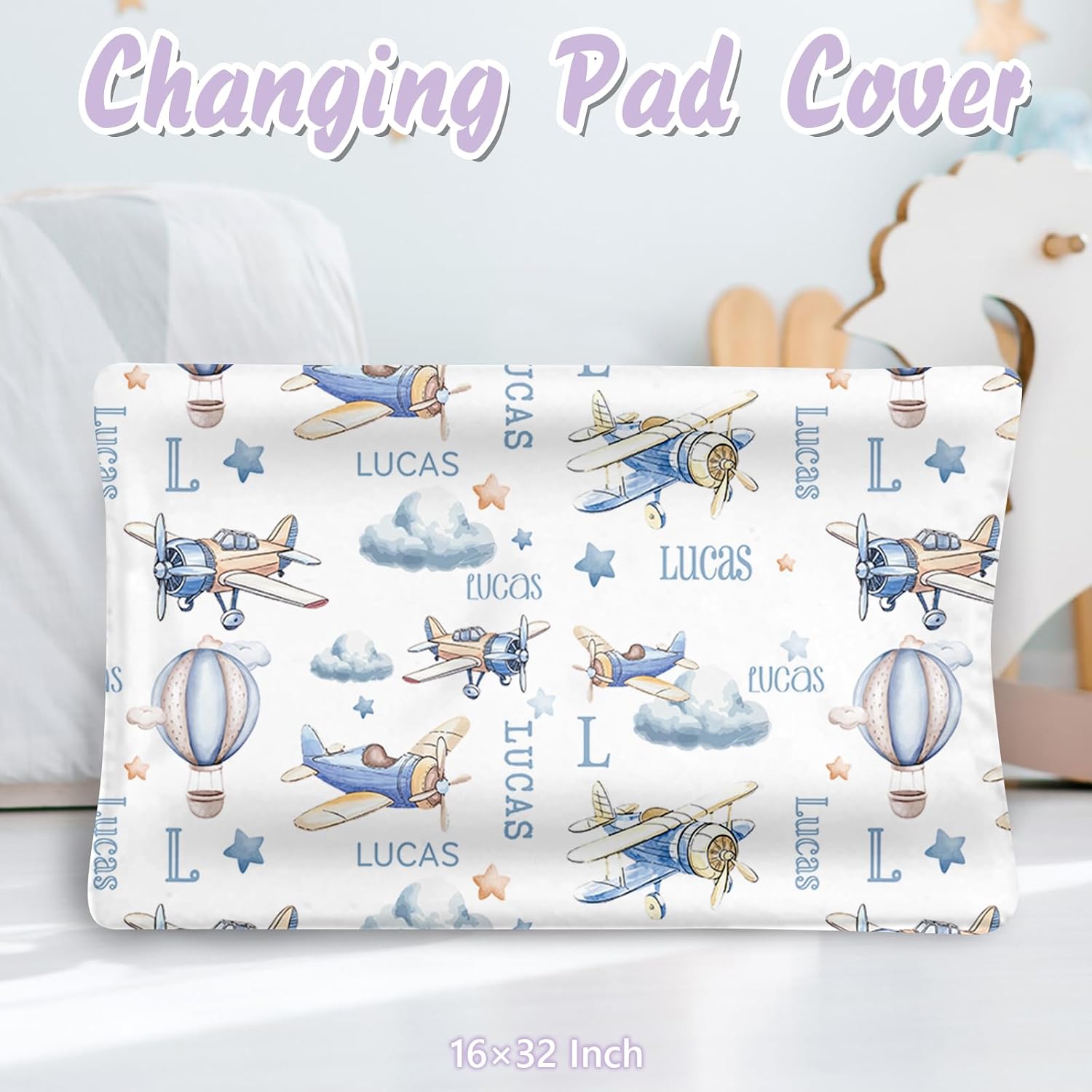 Personalized Baby Crib Bedding Set, 5 Pcs Custom Name Nursery Bedding Set for Girls Boys, Blue Plane Baby Crib Set for Toddlers Infants, Double Layer Bedding Crib Sets Customized Gifts