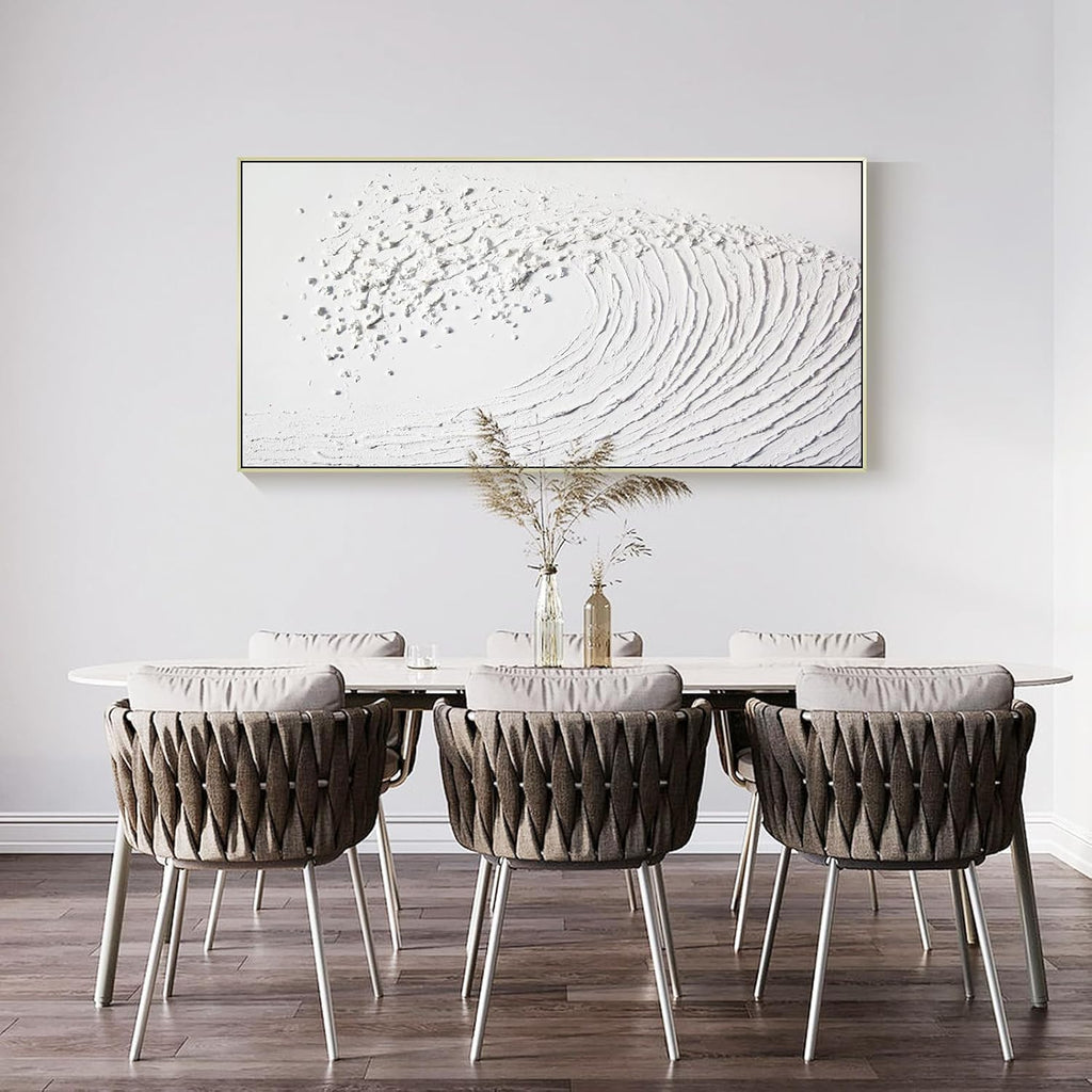 White Hand Painted Oil Painting Wall Art - Large Framed Ocean Waves 3D Textured Home Decor 48x24 Horizontal Canvas Minimalist Artwork Decoration for Living Room Bedroom