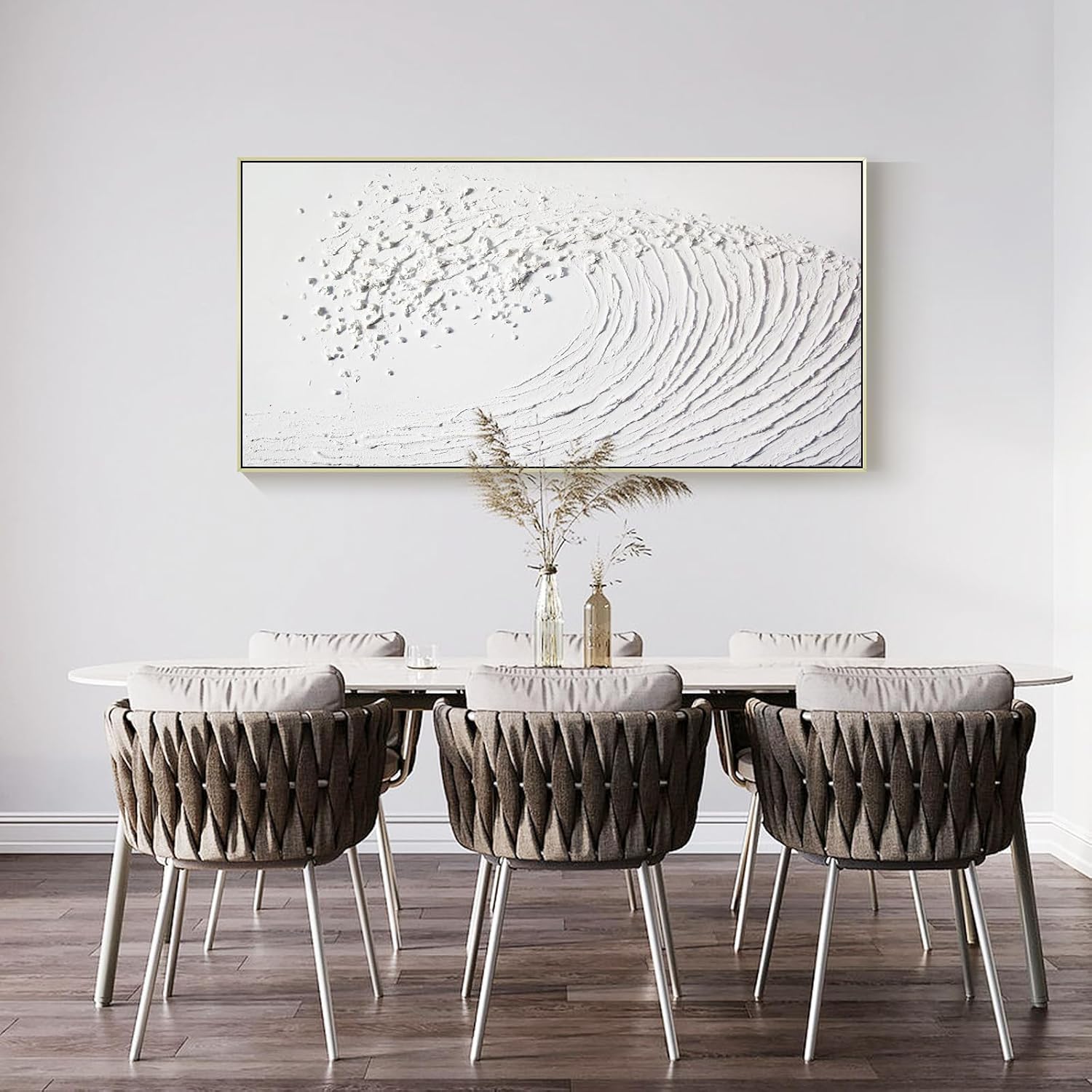 White Hand Painted Oil Painting Wall Art - Large Framed Ocean Waves 3D Textured Home Decor 48x24 Horizontal Canvas Minimalist Artwork Decoration for Living Room Bedroom