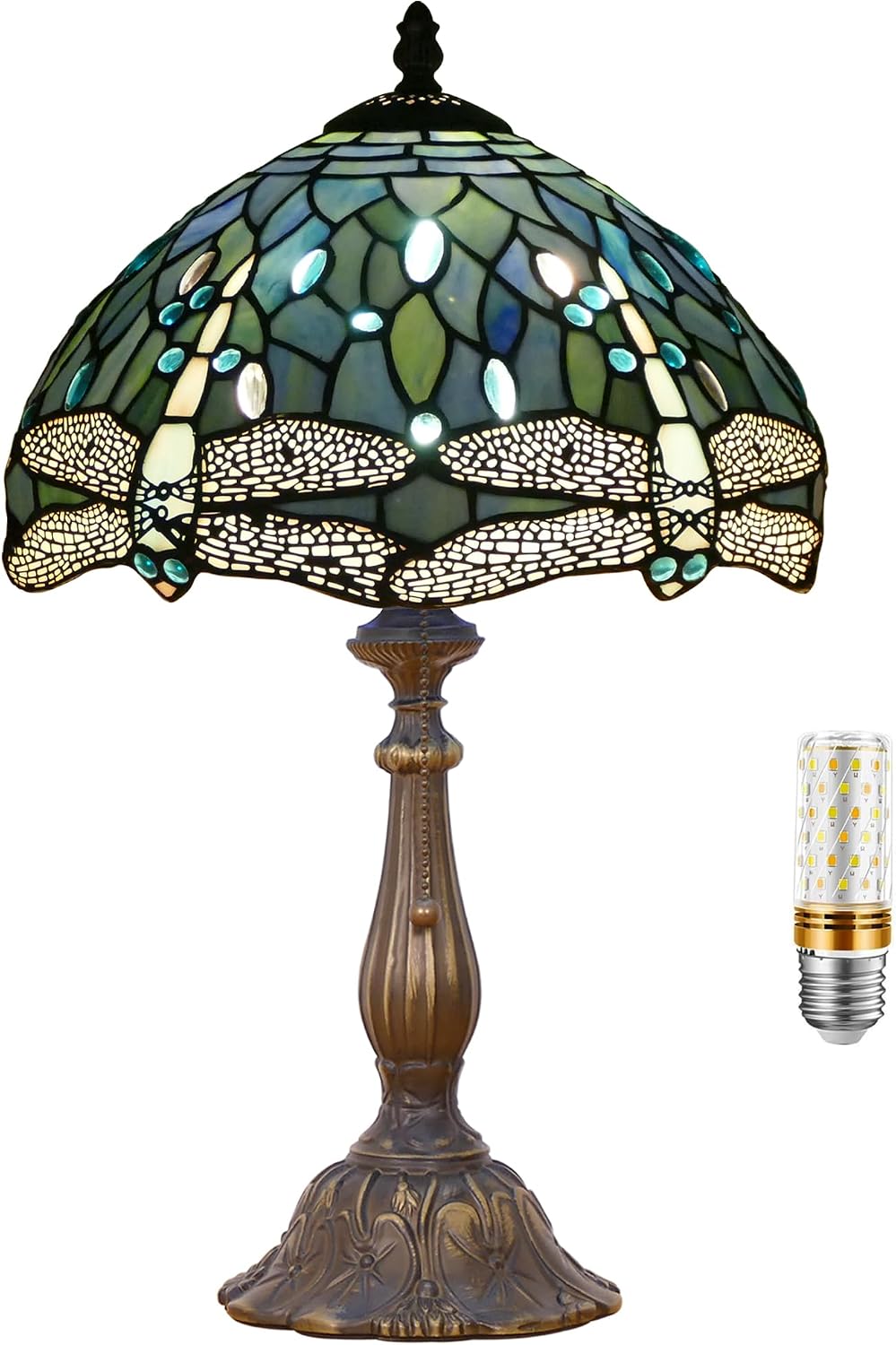 Tiffany Lamp Stained Glass Table Lamp Antique Bedside Reading Light W12H19 Inches (Sea Blue Dragonfly)
