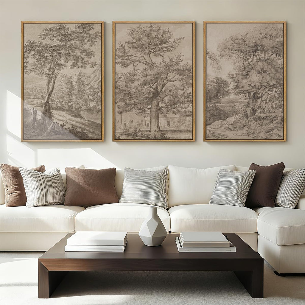 Extra Large Wall Art Framed Vintage Tree Sketch Antique Botanical Forest Prints Rustic Farmhouse Nature Decor for Living Room Bedroom Office 24'x36' Set of 3