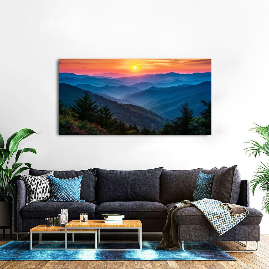 Great Smoky Mountain Wall Art for Living Room Sunset Blue Ridge National Park Poster Canvas Prints Natural Scenic Artwork Bathroom Rustic Misty Forest Landscape Picture Bedroom Home Decorations 30x57.8'