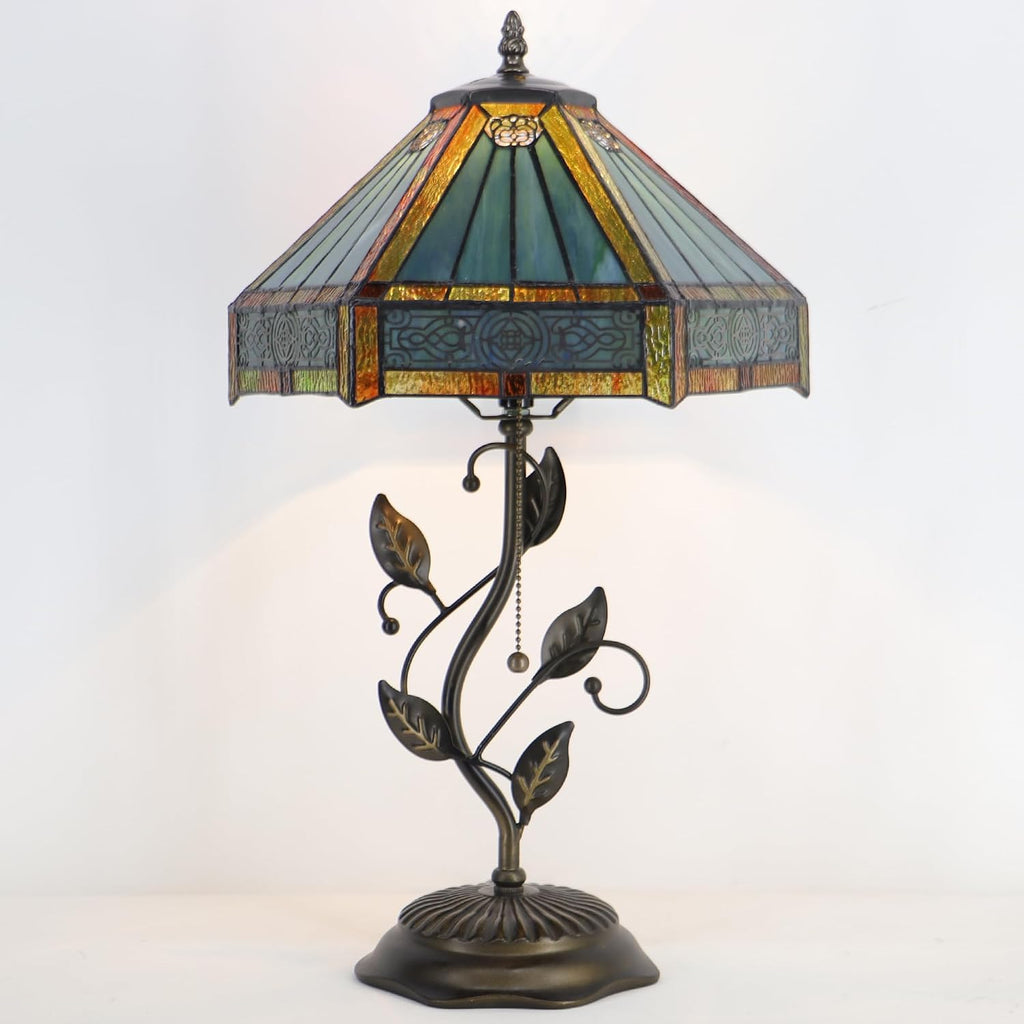 Tiffany Table Lamp Stained Glass Desk Lamp Metal Leaf Base Reading Light 12X19 Inch (Hexagon Mission Style)
