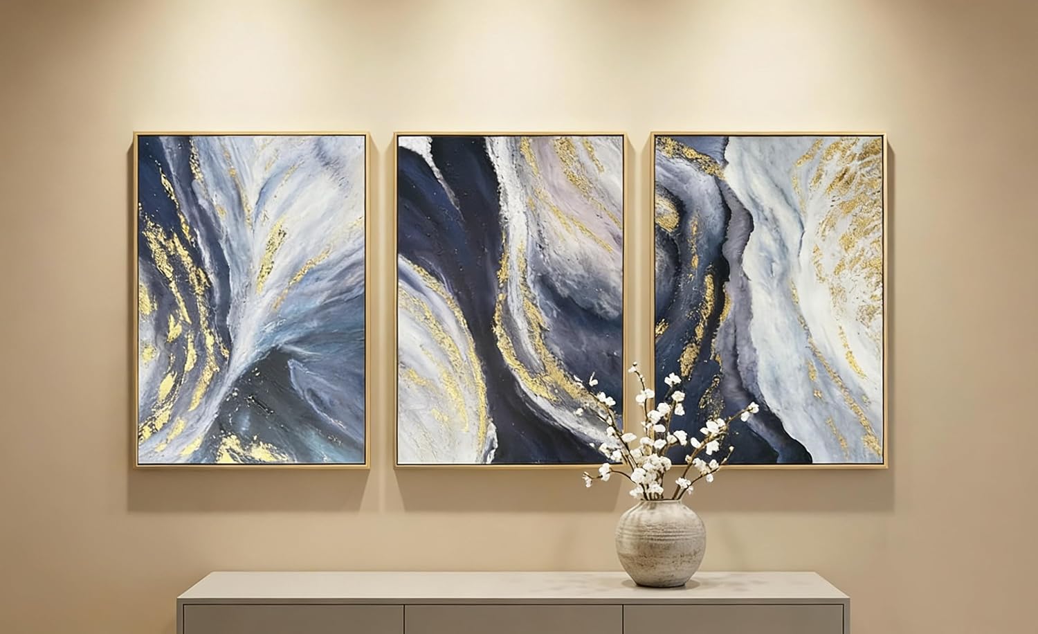 3 Piece Abstract Wall Art for Living Room, Blue and Gold Fluid Art Canvas Painting with Gold Frame for Office, Modern Luxury Wall Decor for Bedroom Ready to Hang 72x36 inches