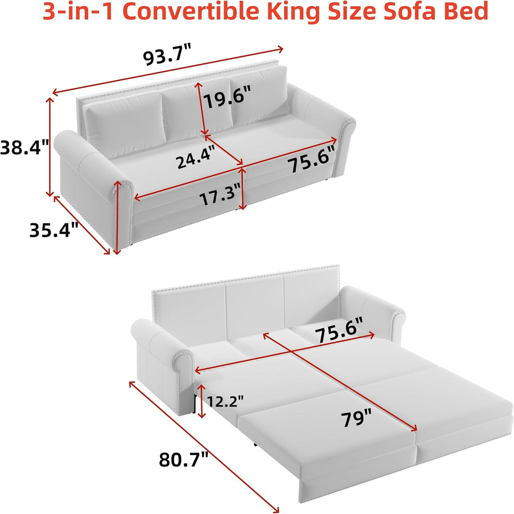 93.7' Pull Out Sofa Bed King Size with Pillows,3-in-1 Convertible Sleeper Couch with Nails Trim,Velvet Upholstered 3 Seater Sofabed for Living Room,Beige