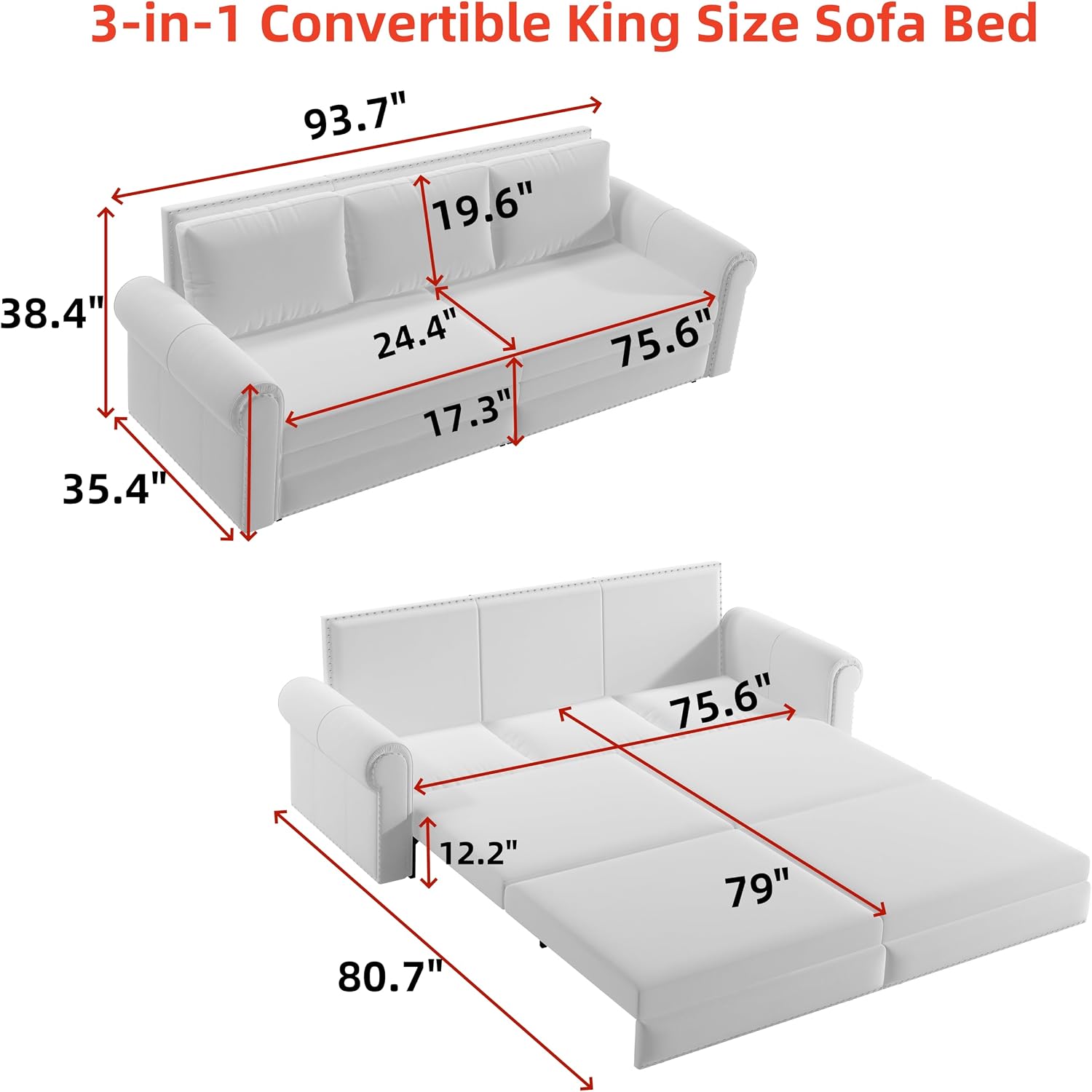 93.7' Pull Out Sofa Bed King Size with Pillows,3-in-1 Convertible Sleeper Couch with Nails Trim,Velvet Upholstered 3 Seater Sofabed for Living Room,Beige