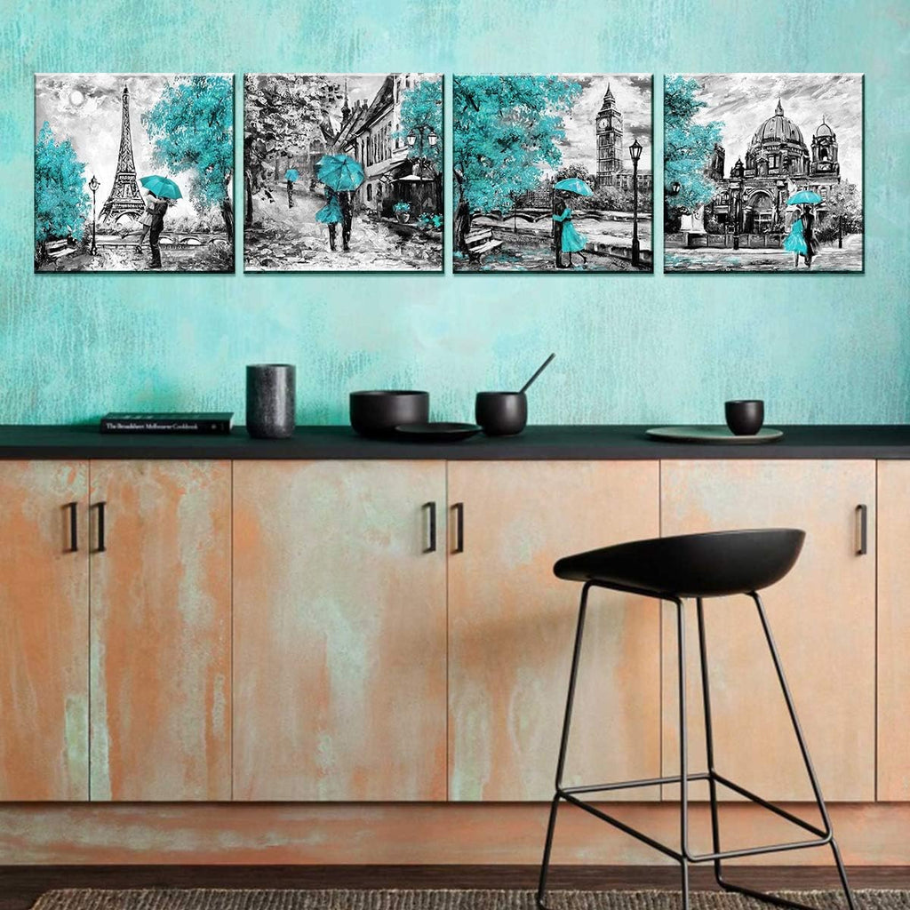 Teal Eiffel Tower Wall Decor Paris Theme Wall Art for Bedroom Black and White Berlin Street Canvas Prints London Big Ben Paintings Pictures Modern Romantic Artwork Home Decorations 24x24' 4Pcs/Sets
