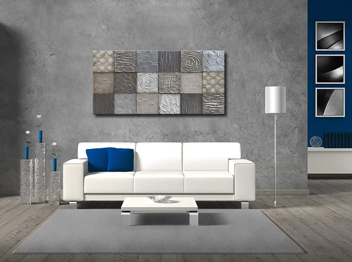 Alenoss 100% Handmade Abstract Metal Paintings Canvas Wall Art Unique Thick Texture Rough Surface Modern Oil Painting 48x24 Inches Imitation Old Handicrafts Grey Artwork