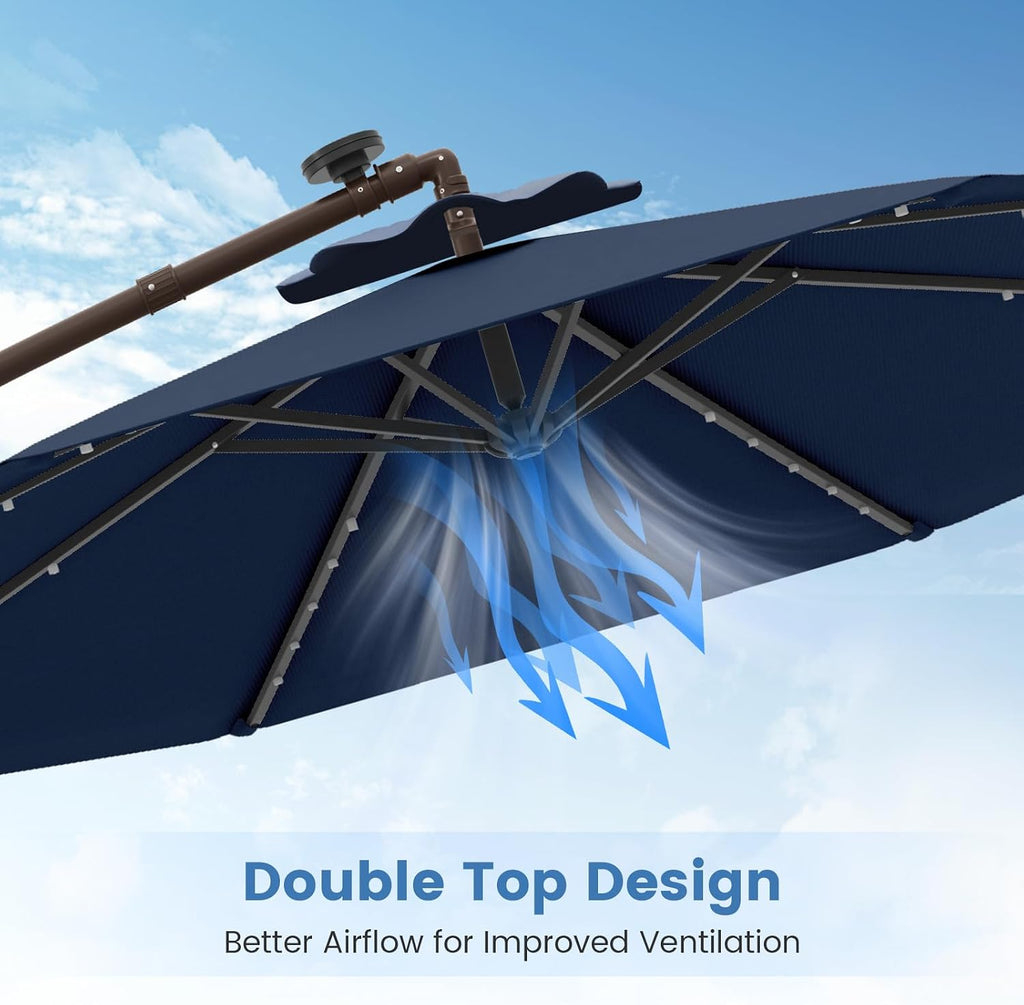 Tangkula 10FT Offset Patio Umbrella with Base Included, Outdoor Cantilever Umbrella with 40 Solar LED Lights, Tilt Adjustment, Crank Handle, Vented Top, Sand Bags for Pool Yard Deck (Navy)