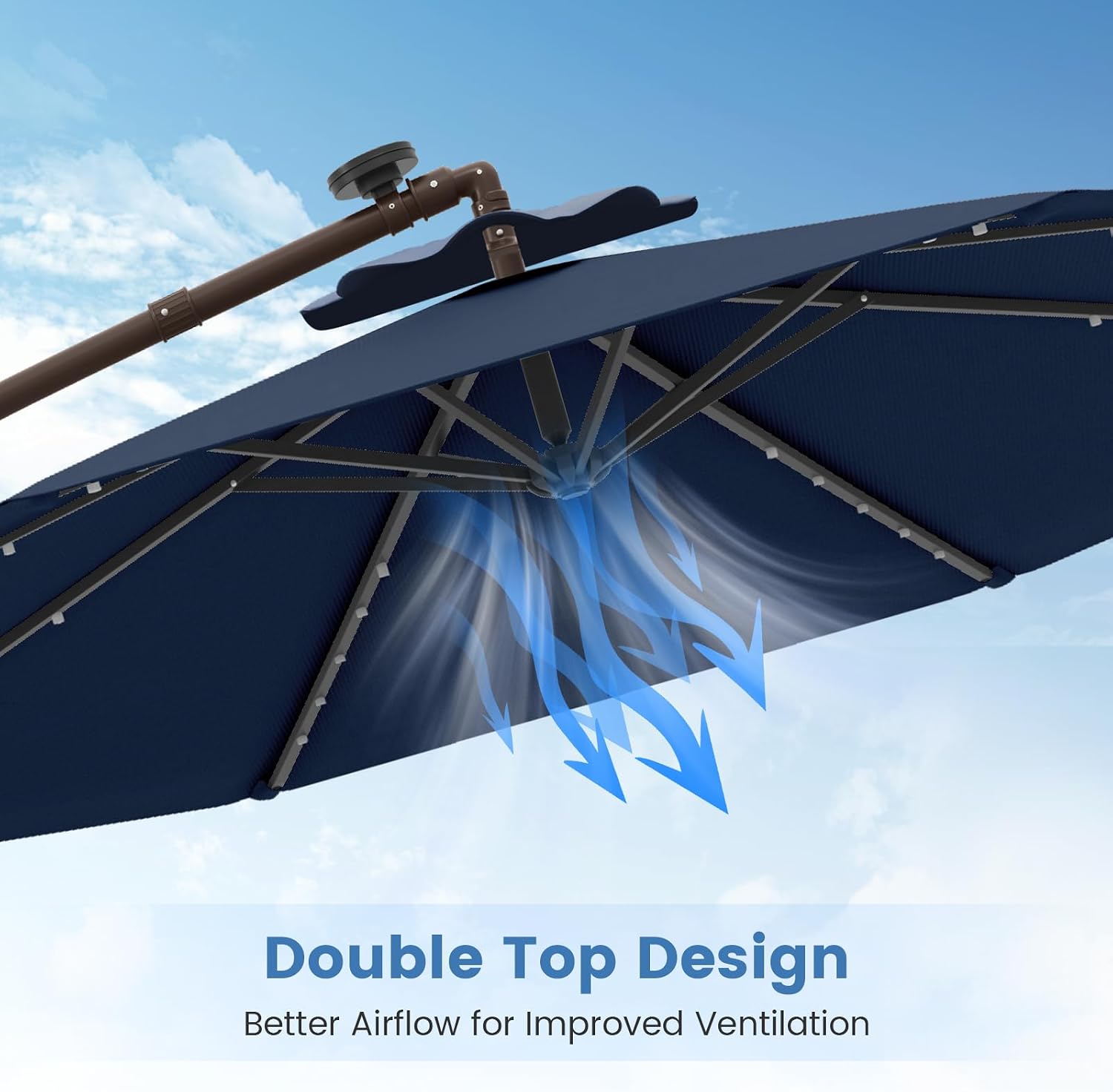 Tangkula 10FT Offset Patio Umbrella with Base Included, Outdoor Cantilever Umbrella with 40 Solar LED Lights, Tilt Adjustment, Crank Handle, Vented Top, Sand Bags for Pool Yard Deck (Navy)