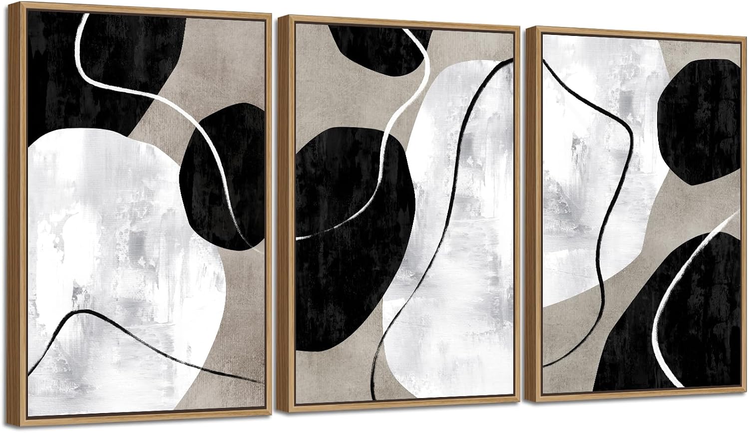 Minimalist Abstract Boho Wall Art - Natural Framed Abstract Canvas Picture Stone Painting Rock Line Artwork Modern Geometric Canvas Prints for Home Wall Decor 24' x 36' * 3 Tan Grey White Black