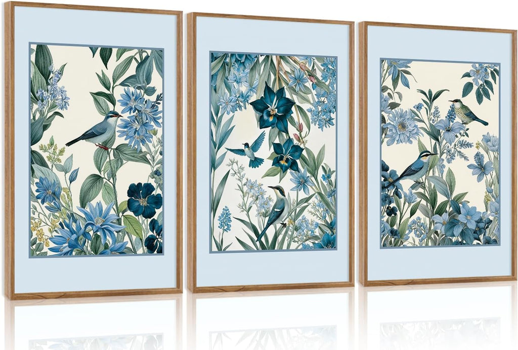 Aurlan Vintage Blue Birds and Botanical Framed Wall Art(24'x36'), 3PCS Classic Chinoiserie Audubon Bird Canvas Artwork, Large Abstract Watercolor Flowers Floral Home Decor for Bedroom Living Room