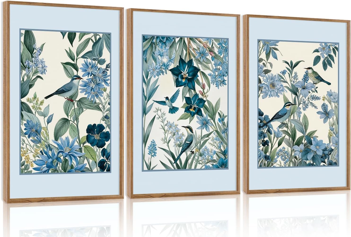 Aurlan Vintage Blue Birds and Botanical Framed Wall Art(24'x36'), 3PCS Classic Chinoiserie Audubon Bird Canvas Artwork, Large Abstract Watercolor Flowers Floral Home Decor for Bedroom Living Room