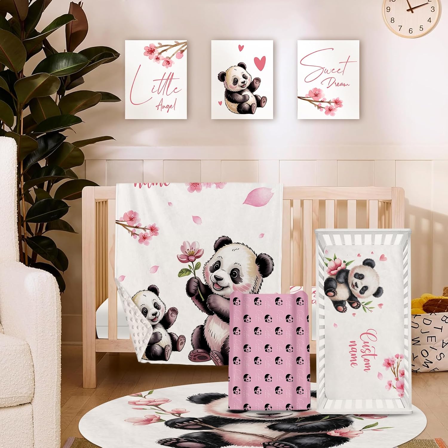 Personalized Crib Bedding Set for Baby Girls, Custom Name Baby Crib Sets 5-Pcs Include Toddler Double Layer Blanket Fitted Sheet Changing Pad Cover Rug Wall Art Set, Pink Panda Pattern Nursery Décor