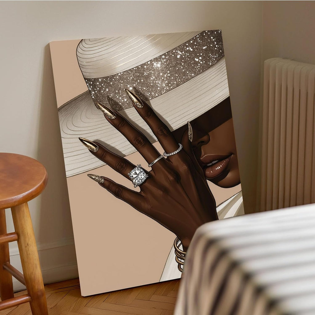 Fashion wall painting Black girl with white hat Canvas painting African poster is a good choice for room decoration Simple art 28x40in Wood Framed